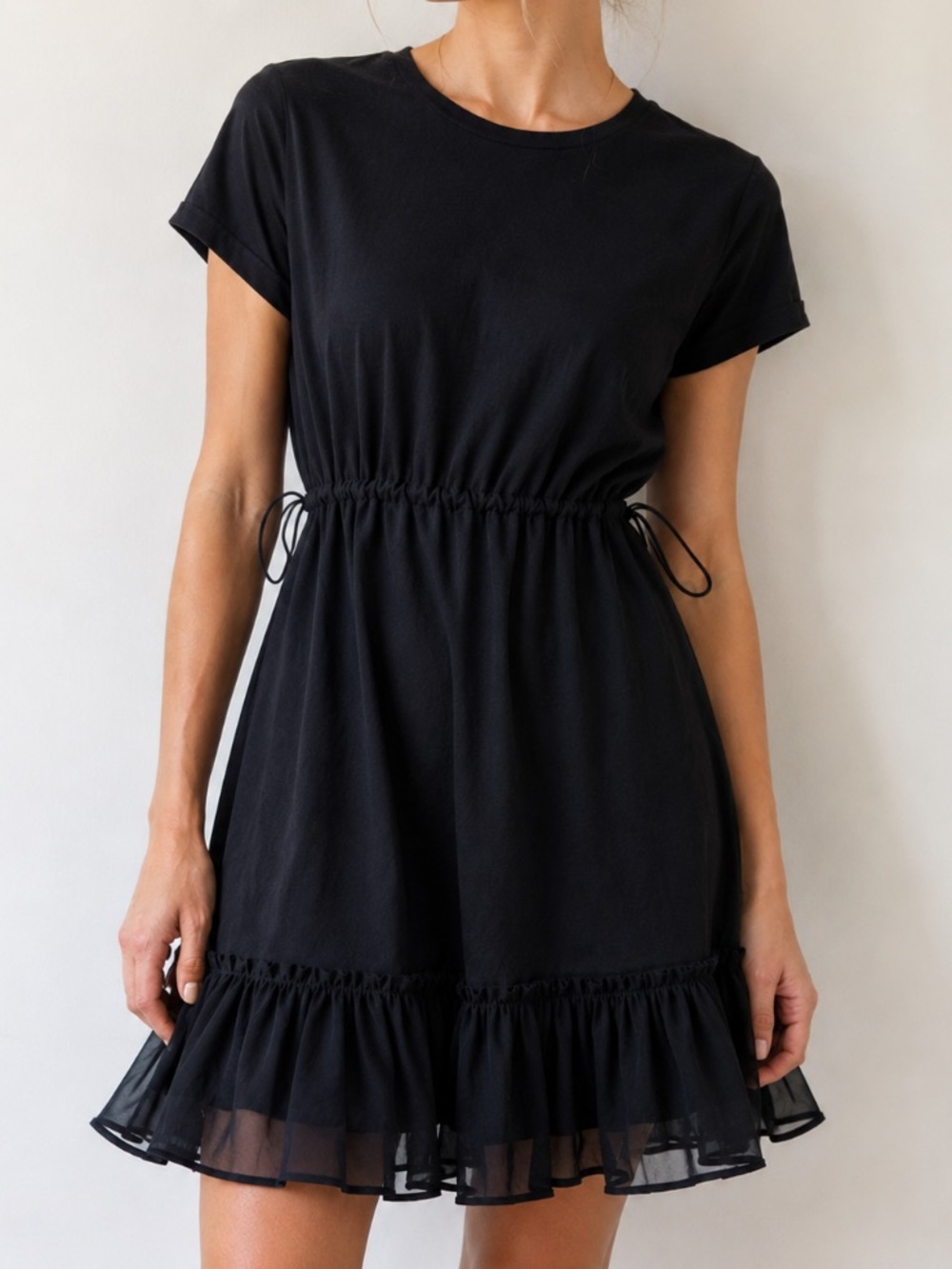 See by Chloé Black Drawstring T-Shirt Dress with Sheer Ruffle Hem Size XS